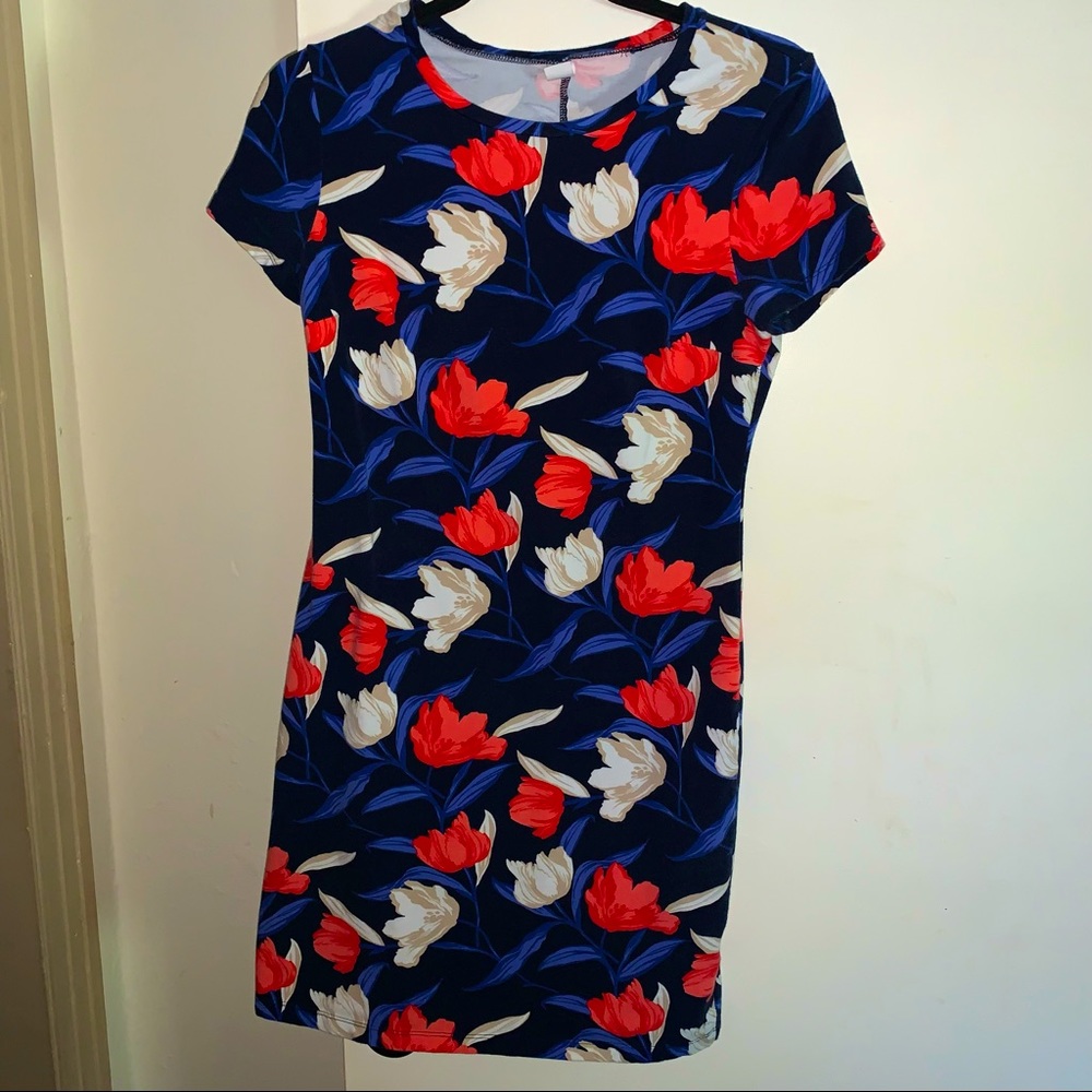 Old Navy Bodycon Dress Size S Black with Red Blue and White Floral Print